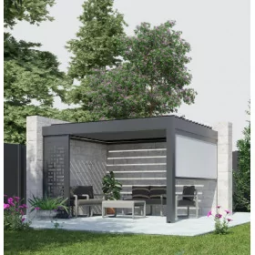 Pergola bioclimatique adossée Bornéo lames parallèles pergola bioclimatique adossée Bornéo lames parallèles avec paroi déco et store zip