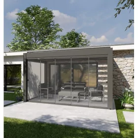 Pergola Bioclimatique Adossée Bornéo lames perpendiculaires %product-name%%separator%%shop-name%