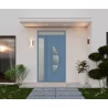 Porte d'entrée aluminium monobloc Bayonne bleu RAL 5014 avec 1 châssis latéral et 1 imposte