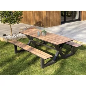 Table avec banc fixe en aluminium et HPL Vancouver 8 personnes Table avec banc fixe en aluminium et HPL Vancouver 8 personnes