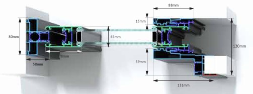 Coupe technique coulissant aluminium à galandage 1 vantail – dormant 80 mm – vitrage 30 mm – rupture de pont thermique